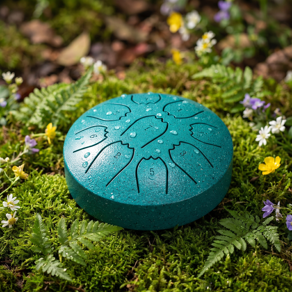 Rain drum resting on green moss in natural light