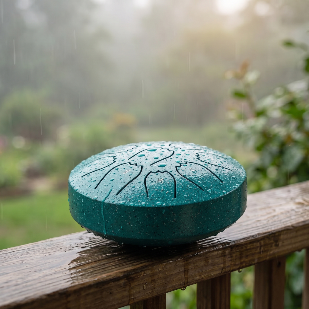 Rain drum sitting on a wooden porch railing at Oak Creek